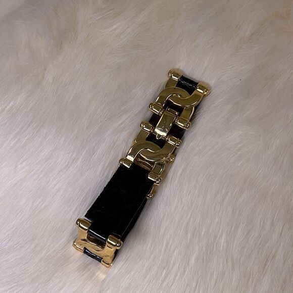 Vintage Burberry Black Leather Silver and Gold Link Bracelet Stamped - Picture 4 of 13